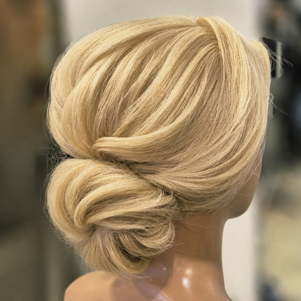 Blonde Brautfrisur mit seitlich gestecktem Haar